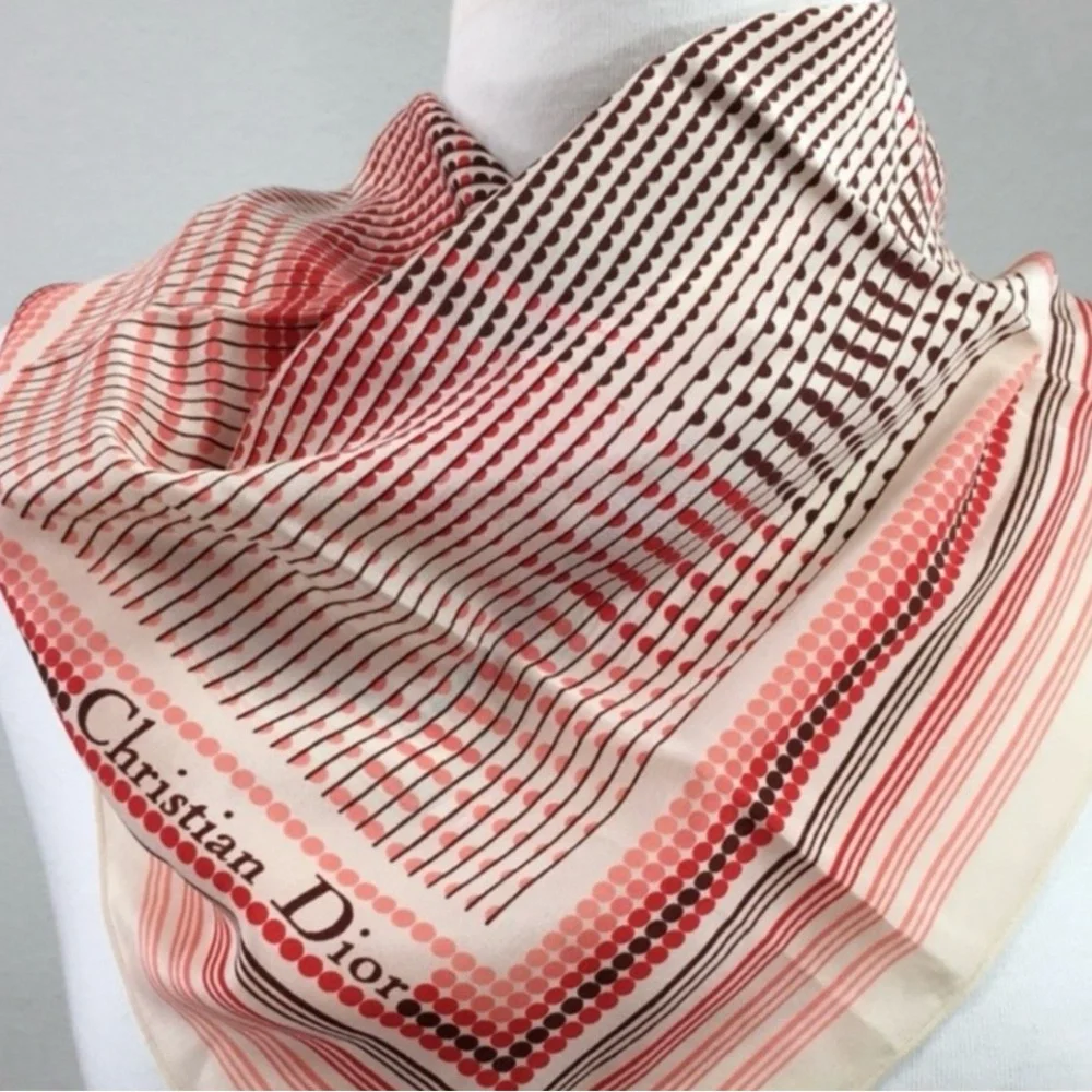 Vintage Christian Dior Red Brown Geometric Polka Dot Silk Square Scarf Luxury